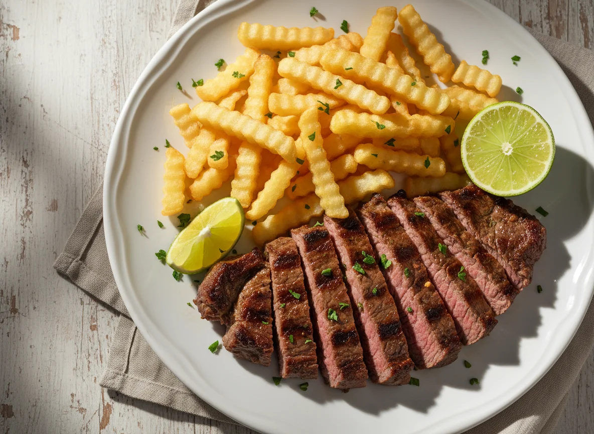 Bife com batatas fritas e limão photo