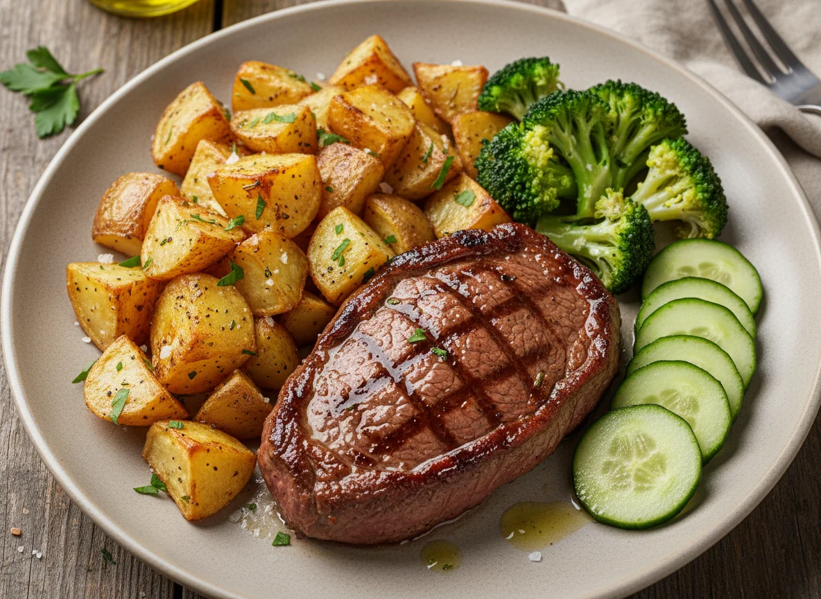 Bife com batatas rústicas, brócolis e pepino photo