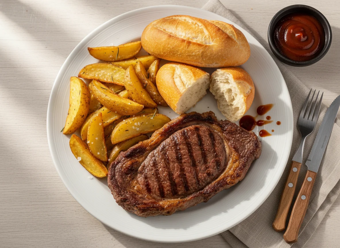 Bife com batatas rústicas e pão photo