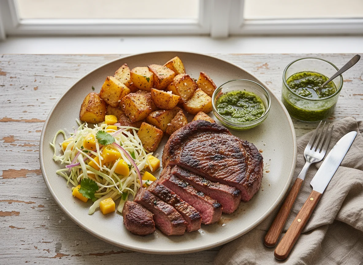Bife com batatas rústicas e salada de repolho e manga photo