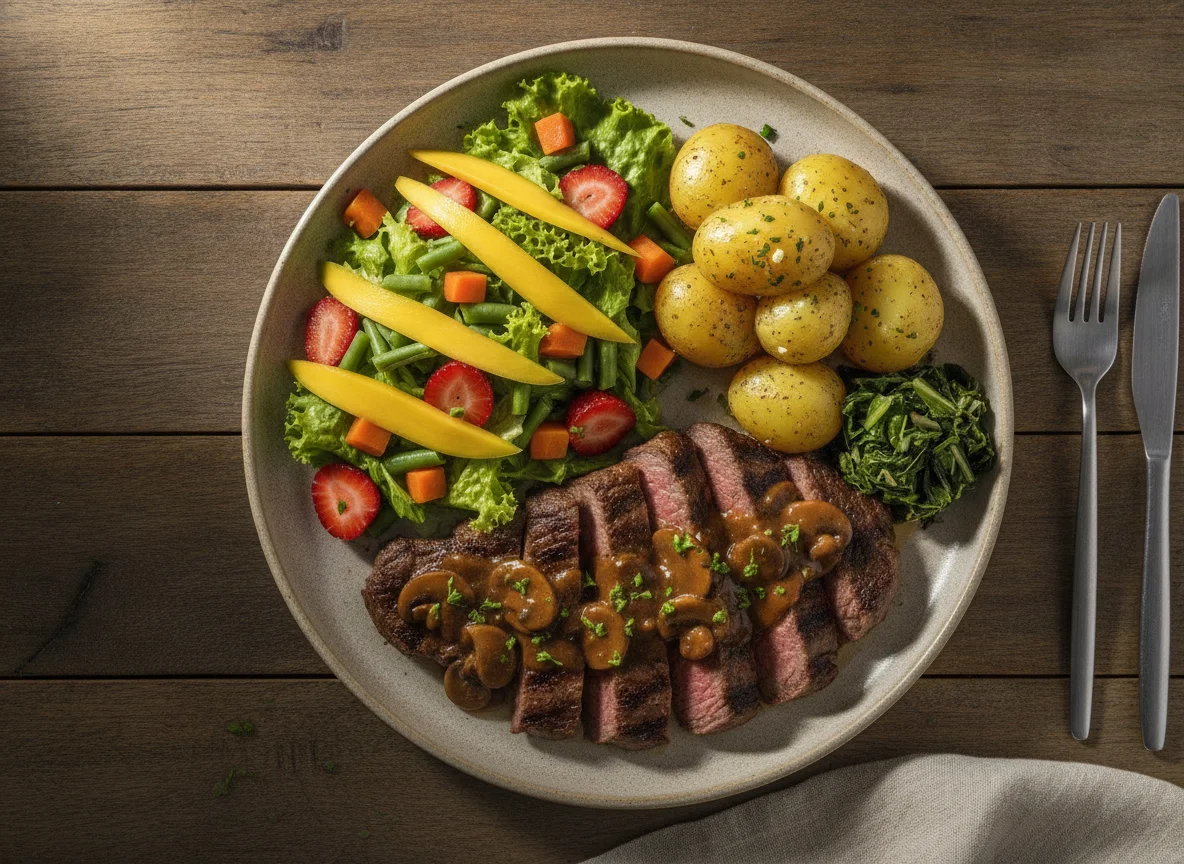 Bife com batatas, salada e molho madeira photo