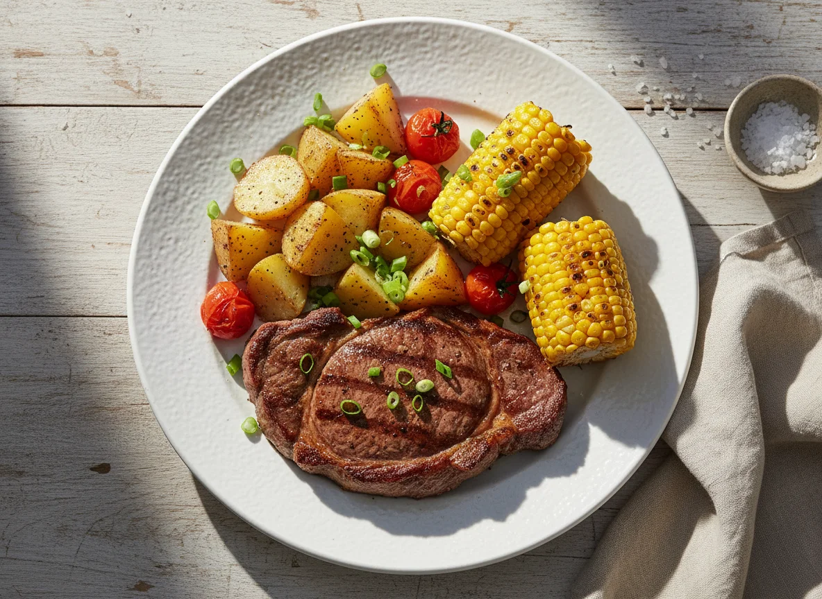Bife com batatas, tomate cereja e milho grelhado photo