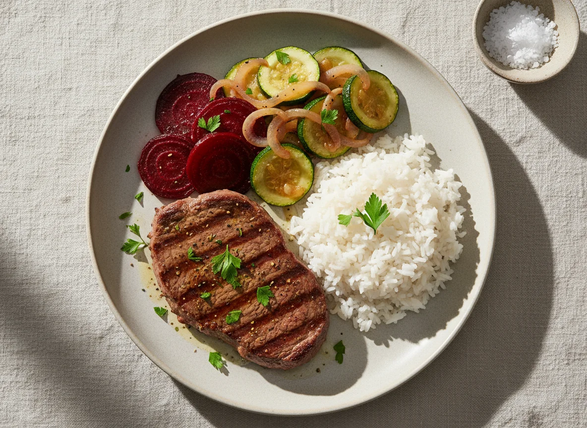 Bife com beterraba e abobrinha photo