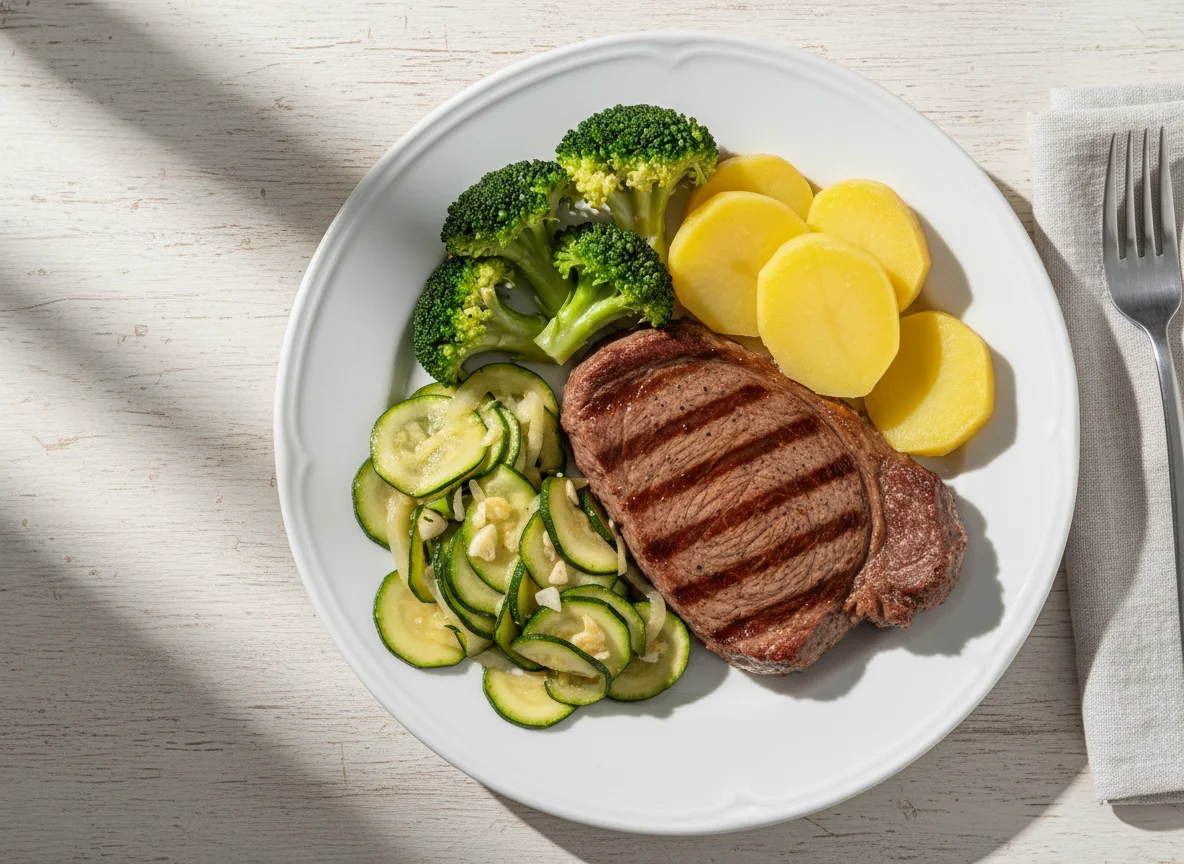 Bife com brócolis, batata e refogado de abobrinha photo
