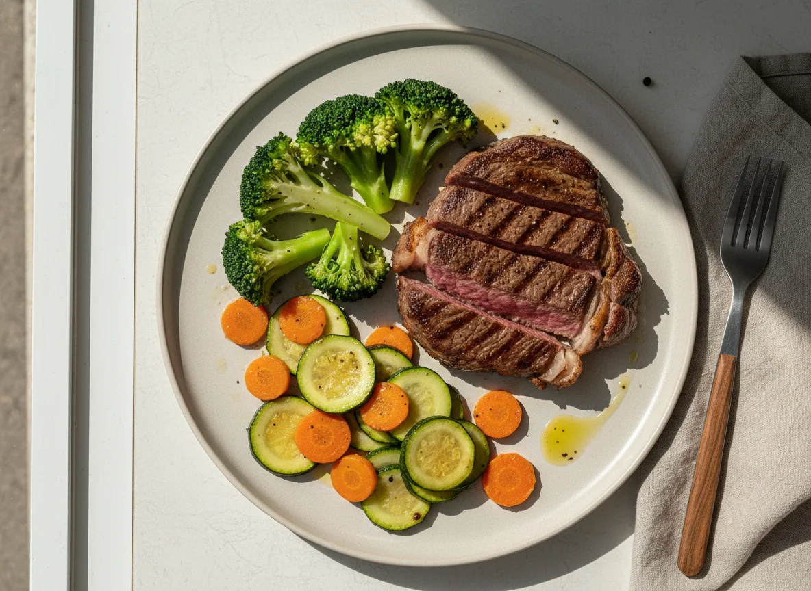 Bife com brócolis e legumes salteados photo
