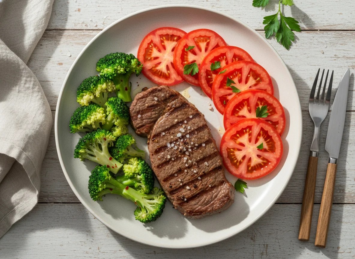 Bife com brócolis e tomate photo
