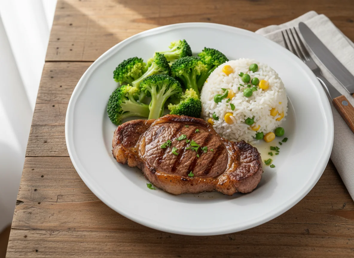 Bife com brócolos e arroz de ervilhas e milho photo