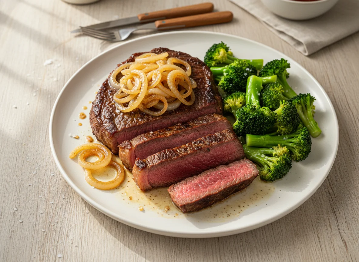 Bife com cebola e brócolis photo