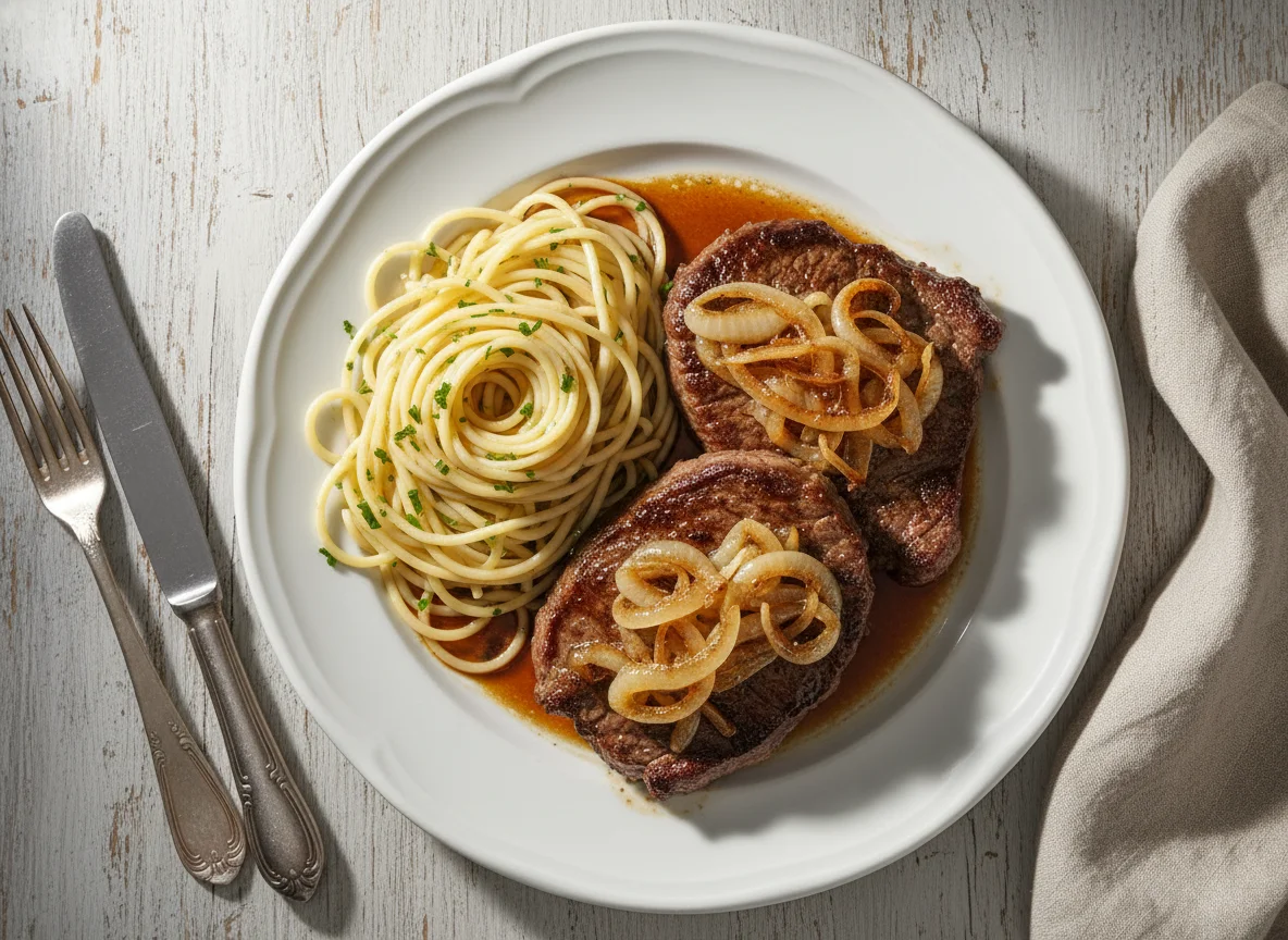 Bife com Cebola e Macarrão photo