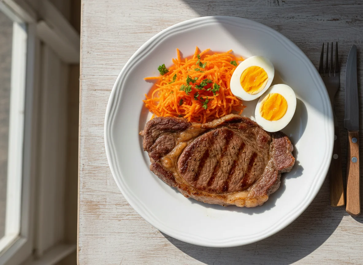 Bife com cenoura e ovo cozido photo