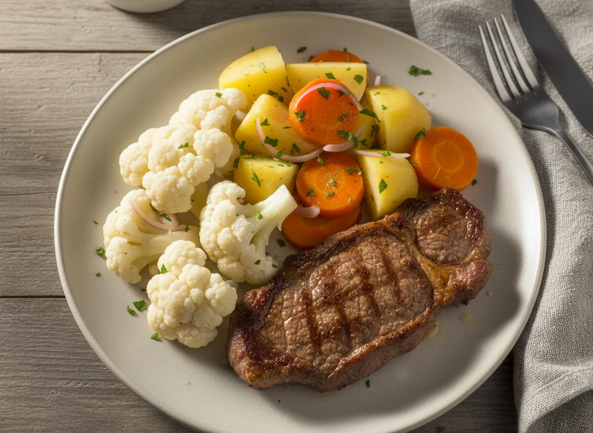 Bife com Couve-flor e Legumes Cozidos photo
