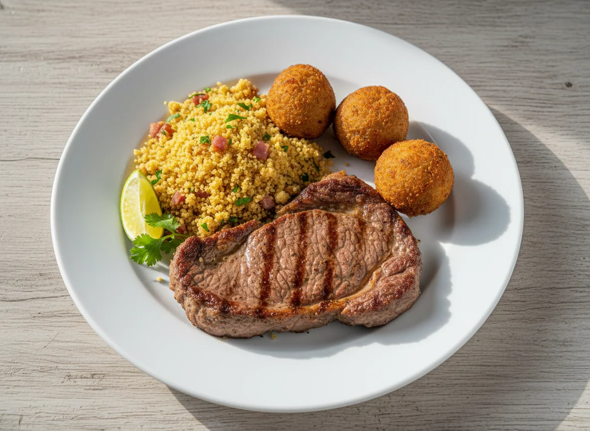 Bife com farofa e bolinho de carne photo