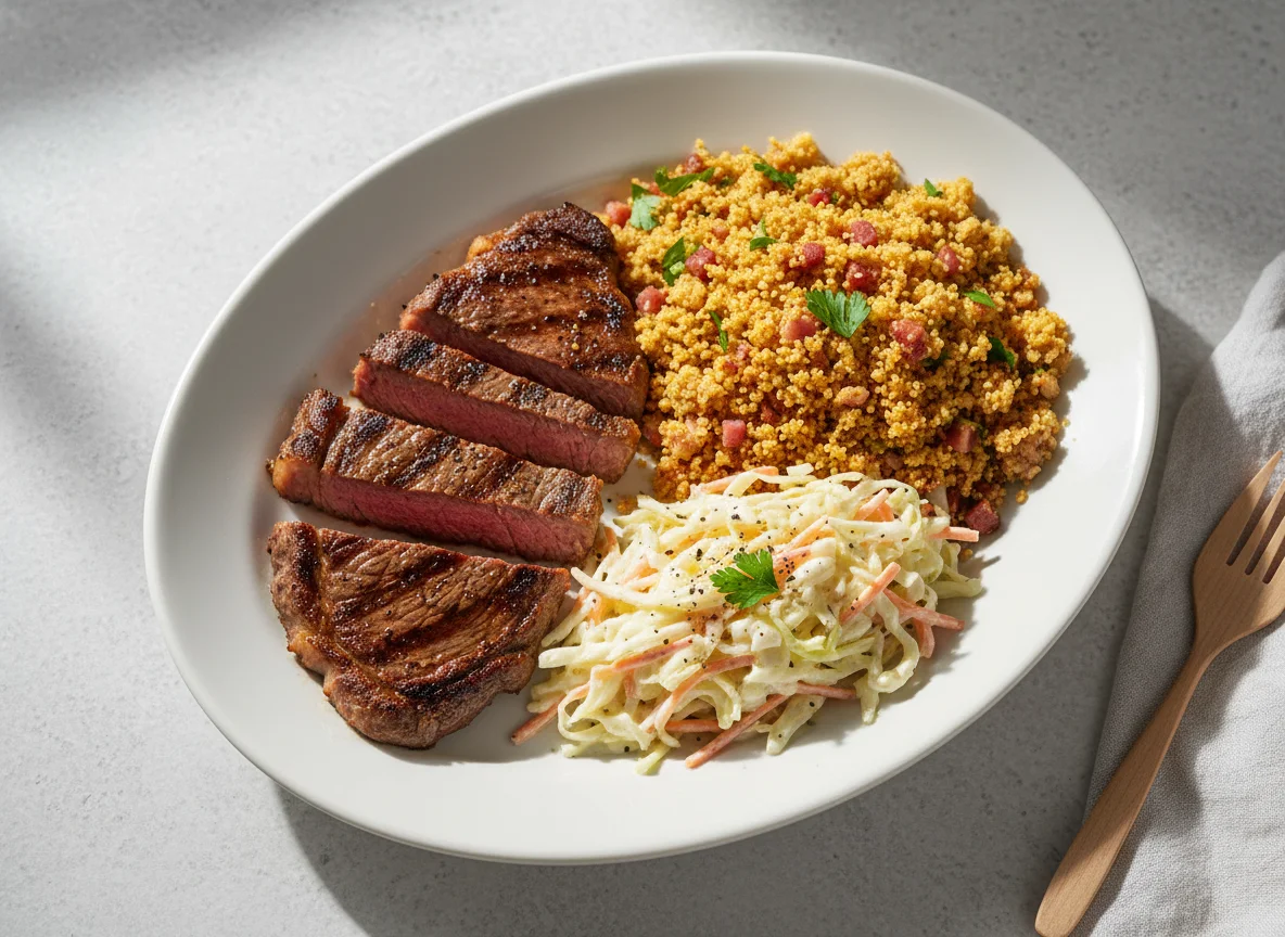 Bife com Farofa e Salada Cremosa photo