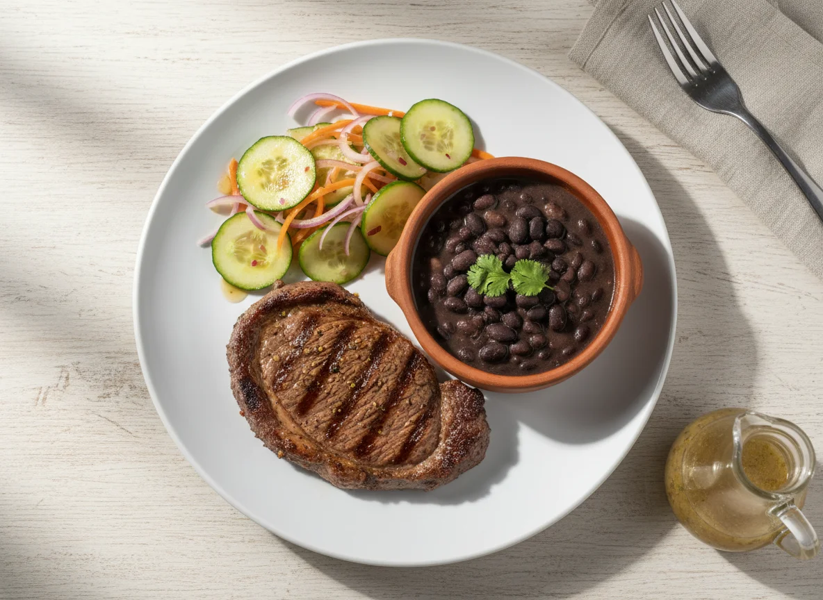 Bife com feijão e salada de pepino photo