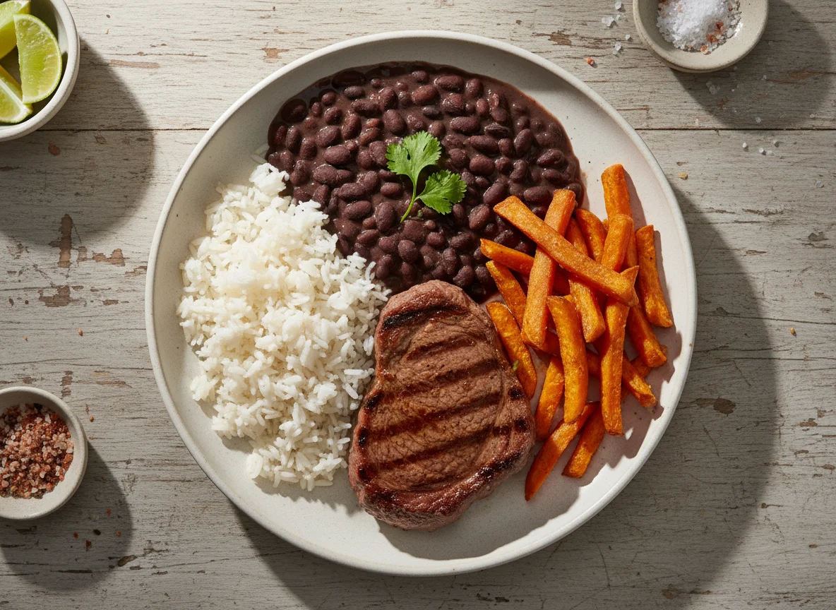 Bife com feijão preto, batata doce frita e arroz branco photo