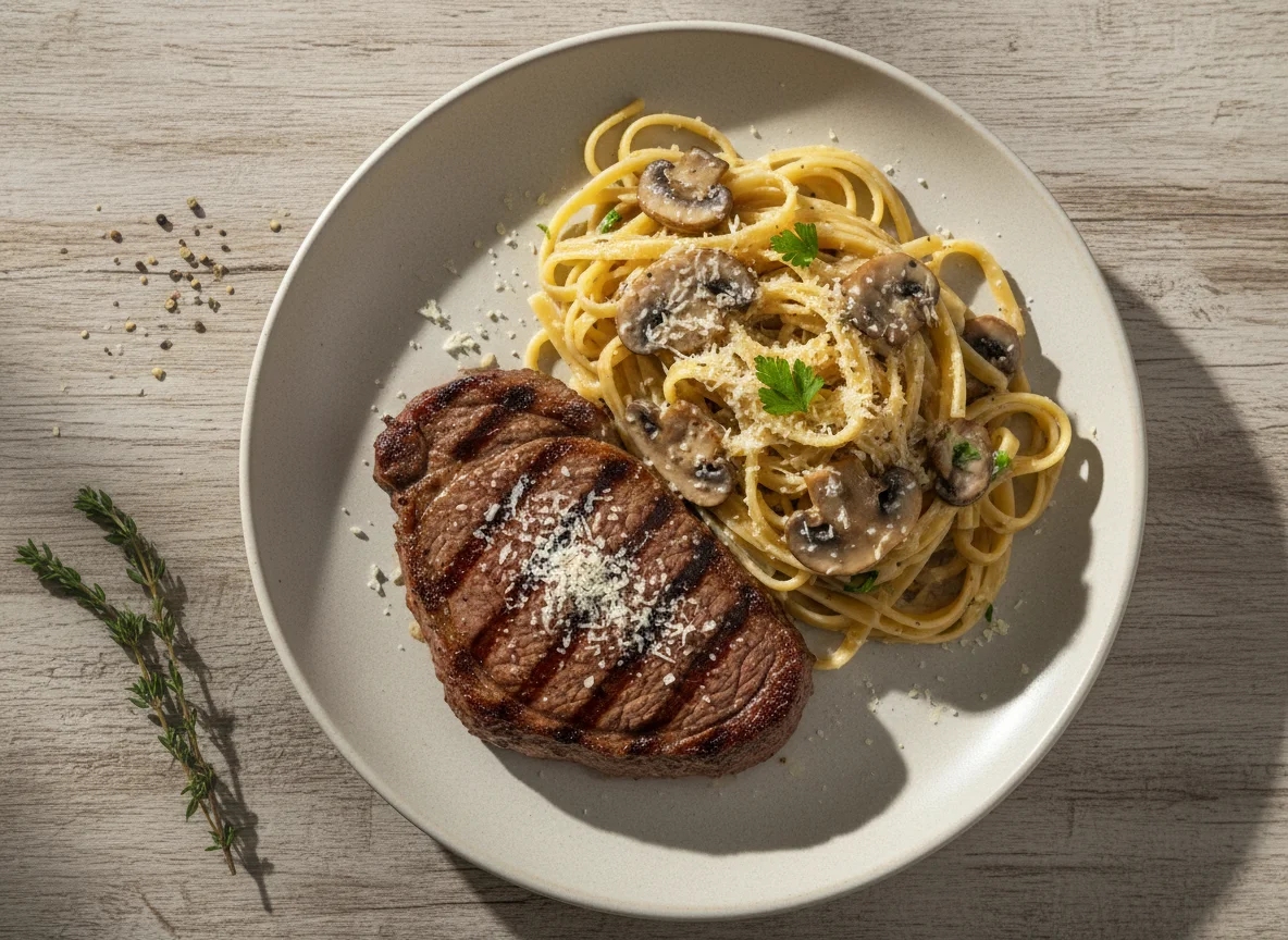 Bife com Fettuccine ao Molho de Cogumelos photo