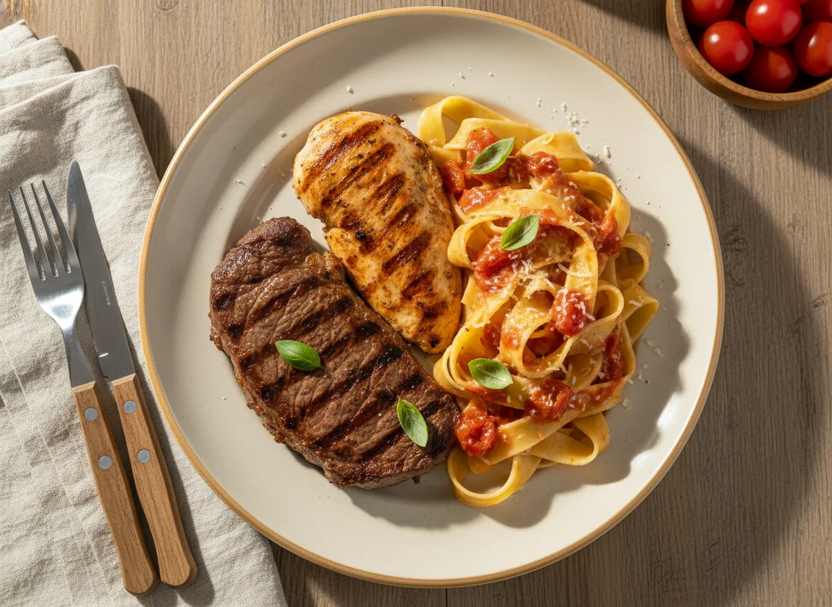 Bife com Frango e Massa photo
