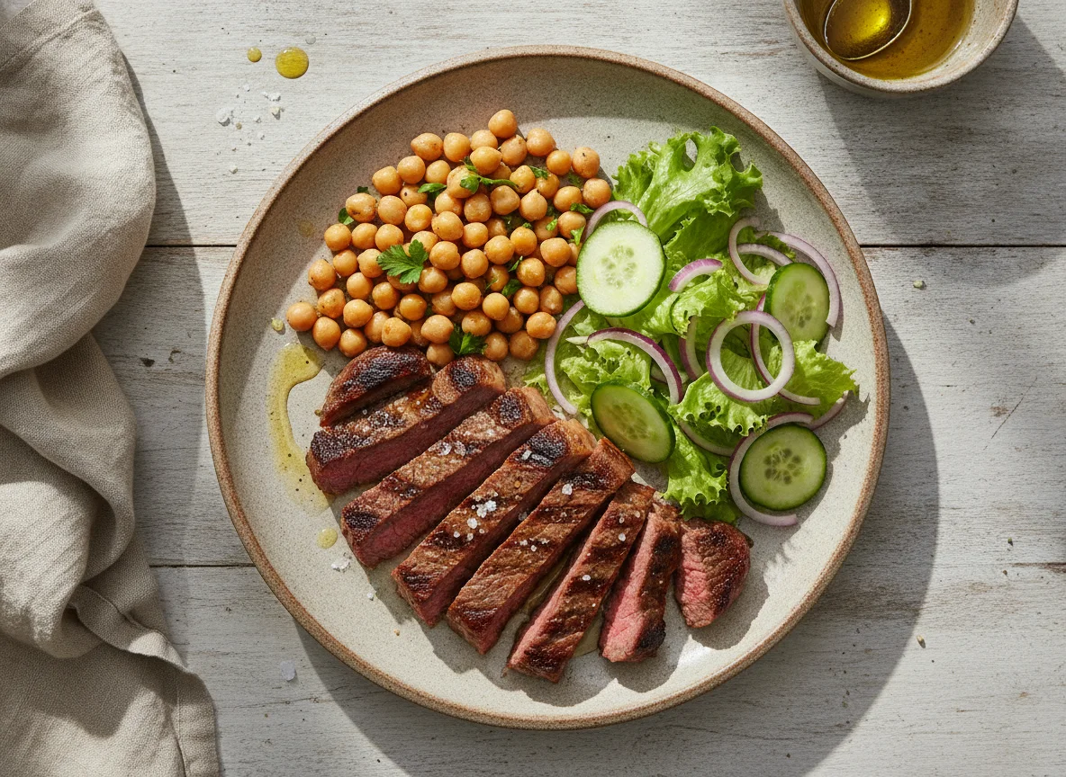 Bife com grão-de-bico e salada photo