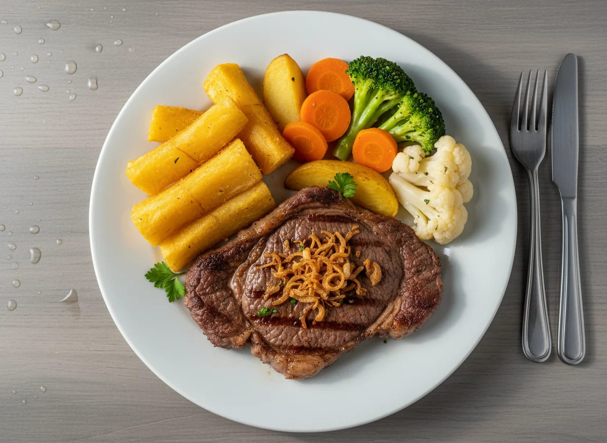 Bife com legumes e mandioca frita photo