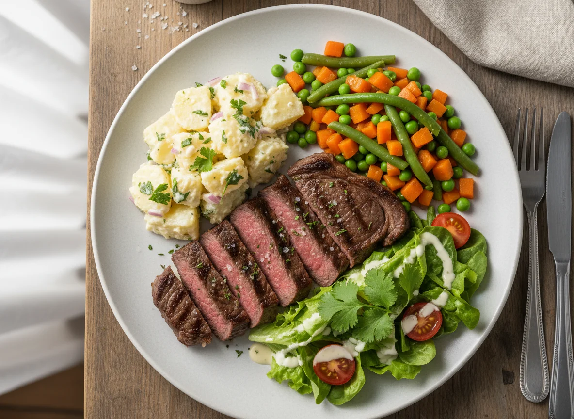 Bife com legumes e salada de batata photo