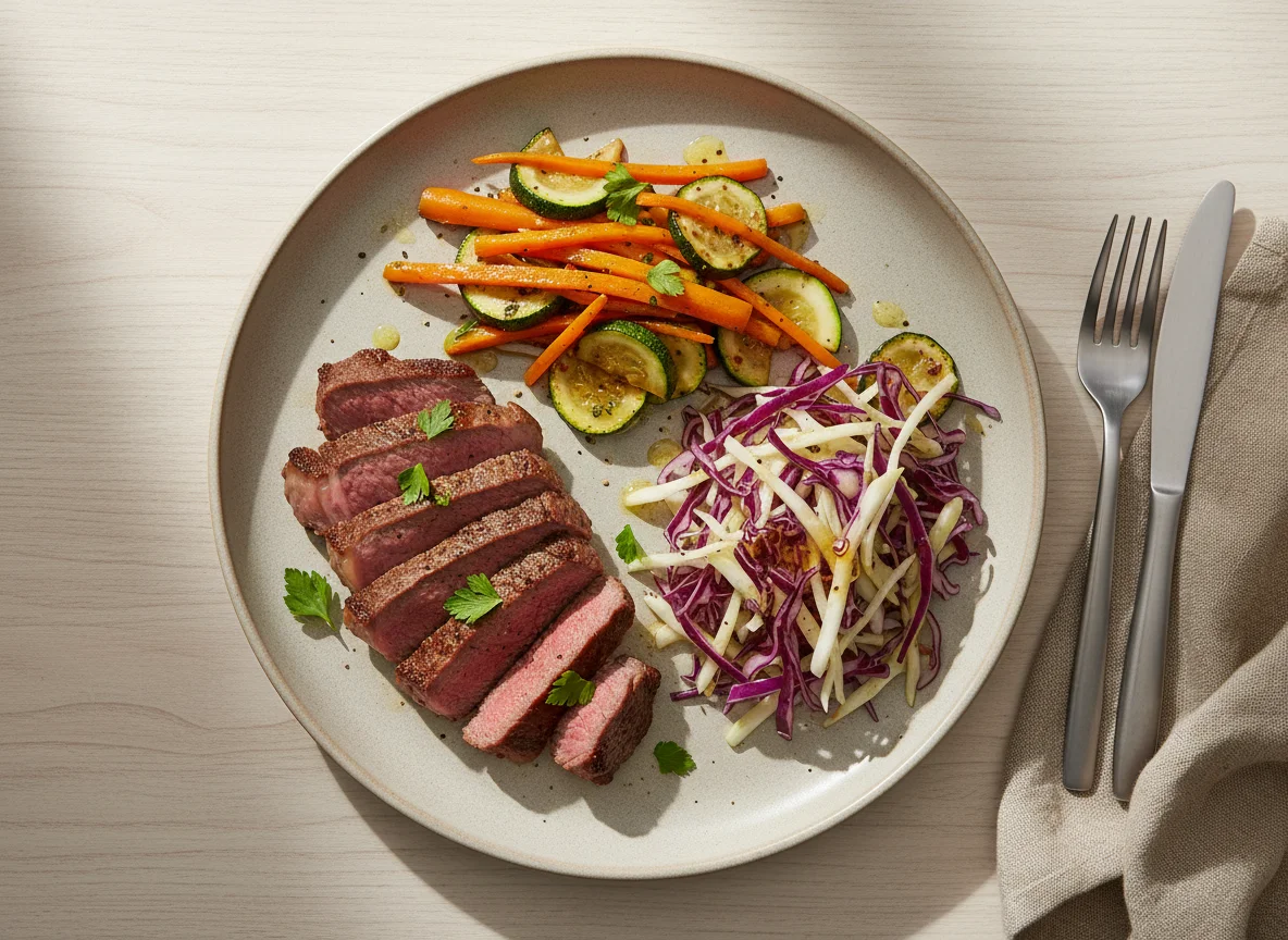Bife com legumes salteados e salada de repolho photo