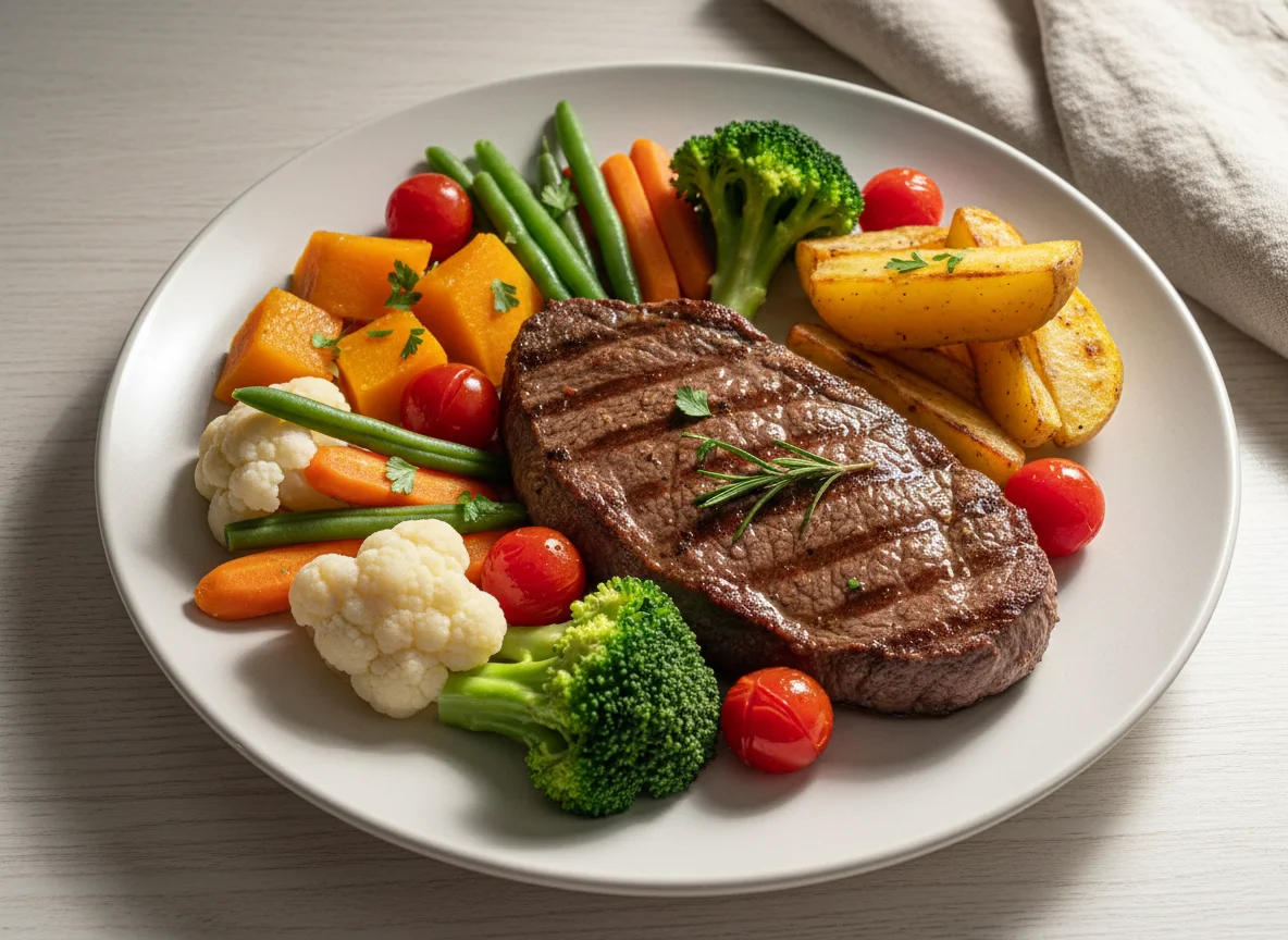 Bife com legumes variados e batata grelhada photo