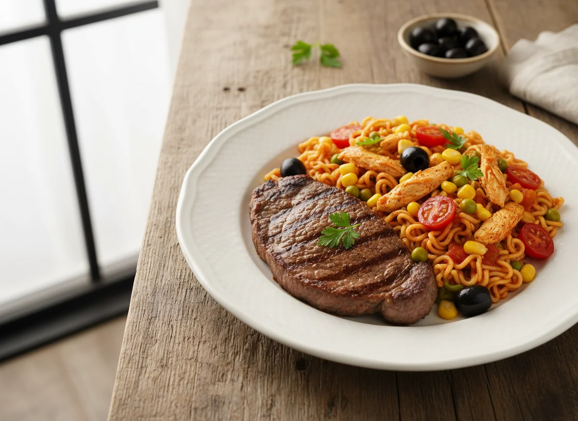 Bife com macarrão e legumes photo