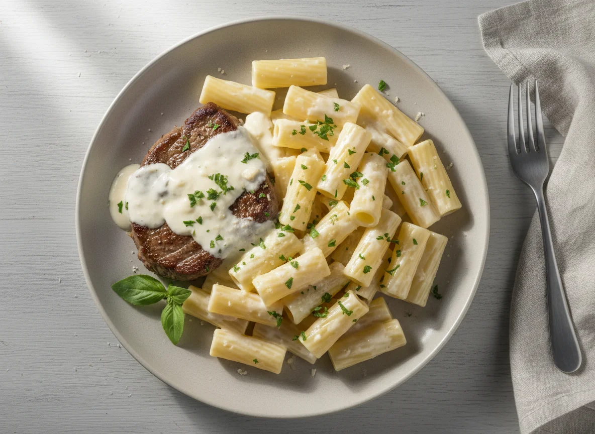 Bife com Massa ao Molho Branco photo