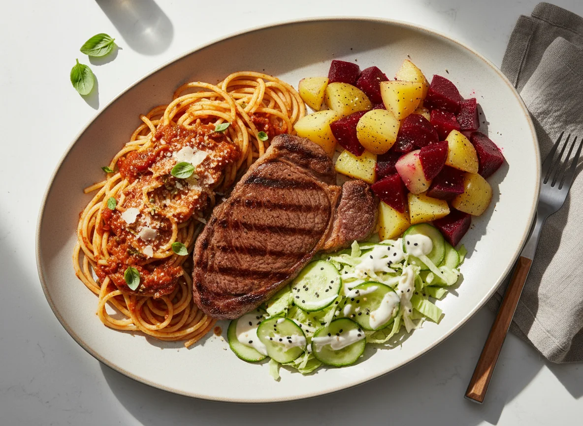Bife com Massa, Batatas e Salada photo
