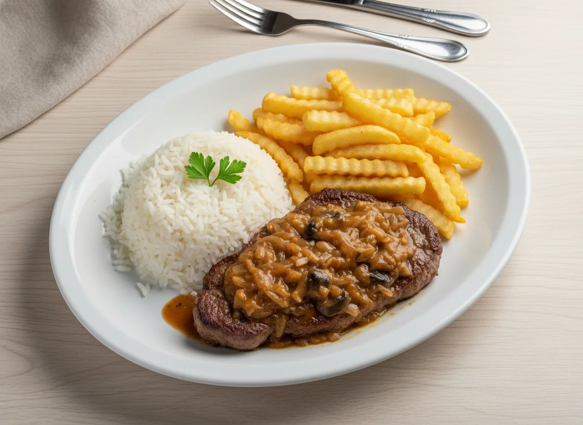 Bife com molho, arroz e batata frita photo
