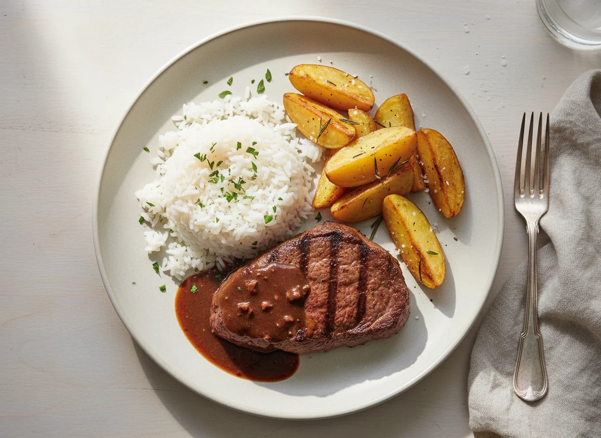 Bife com molho, arroz e batatas assadas photo