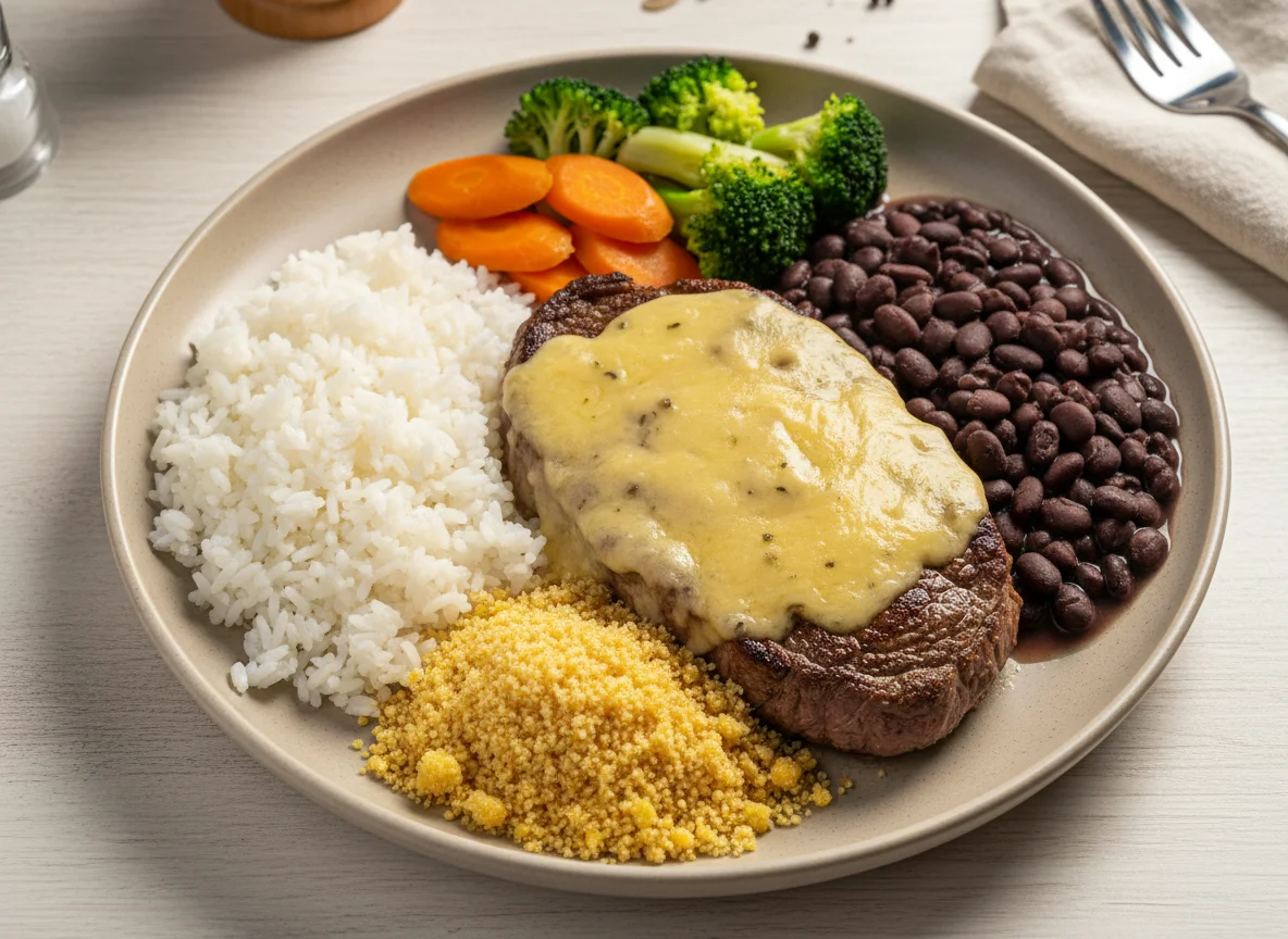 Bife com molho, arroz, feijão, farofa e vegetais photo