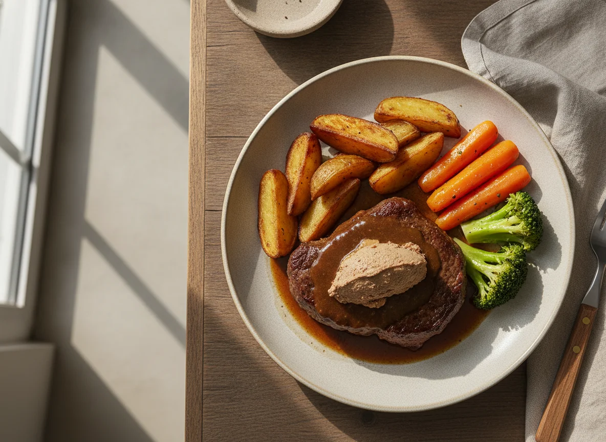 Bife com Molho, Batatas Assadas e Legumes photo
