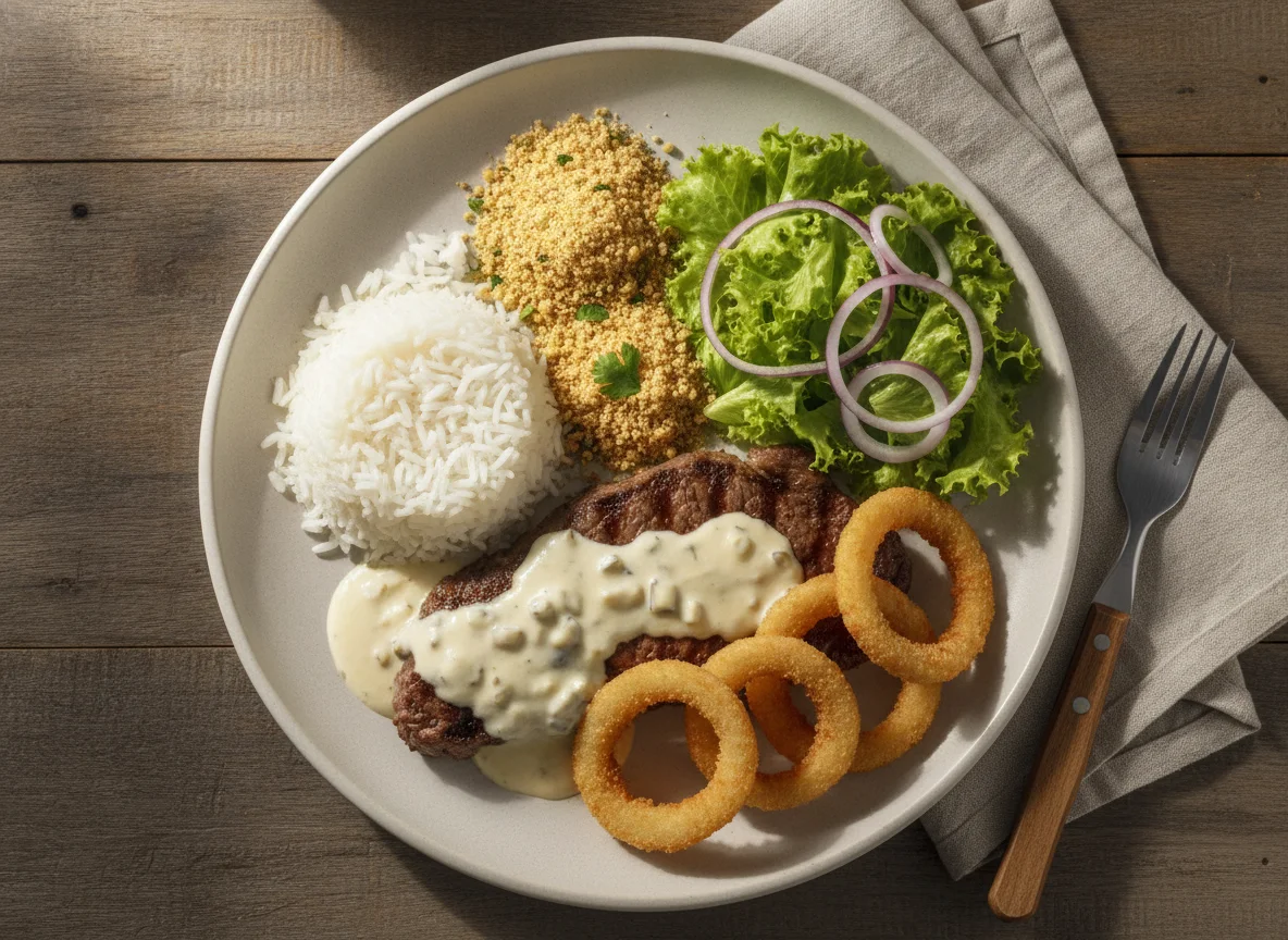 Bife com molho branco, arroz, salada e anéis de cebola photo