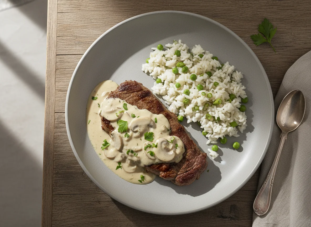 Bife com molho cremoso e risoto photo
