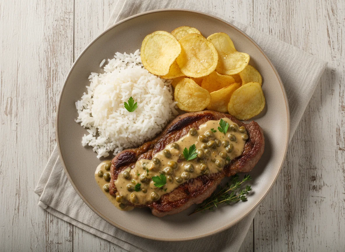 Bife com molho de alcaparras, arroz e batata chips photo