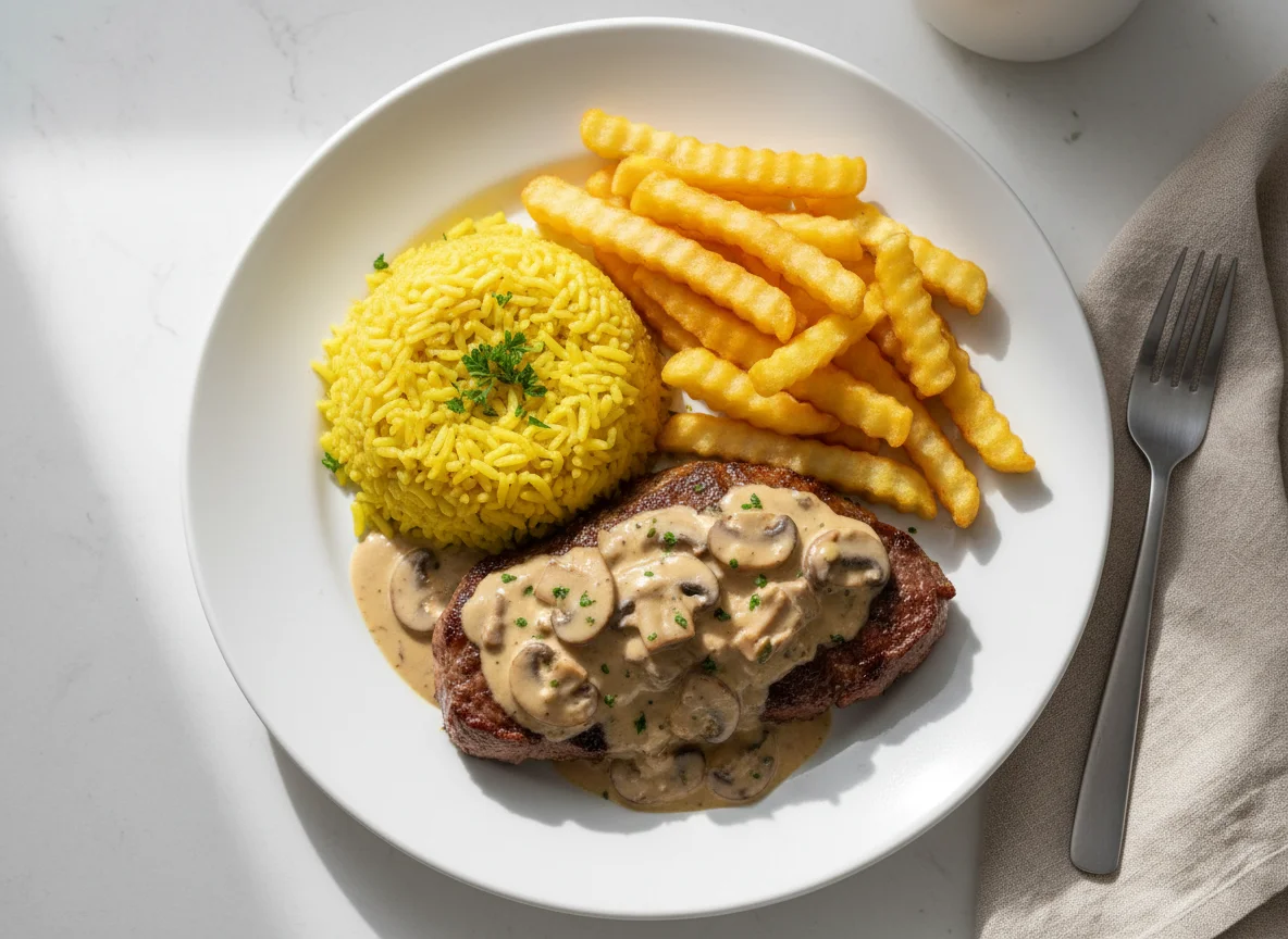 Bife com Molho de Cogumelos, Batatas Fritas e Arroz Amarelo photo