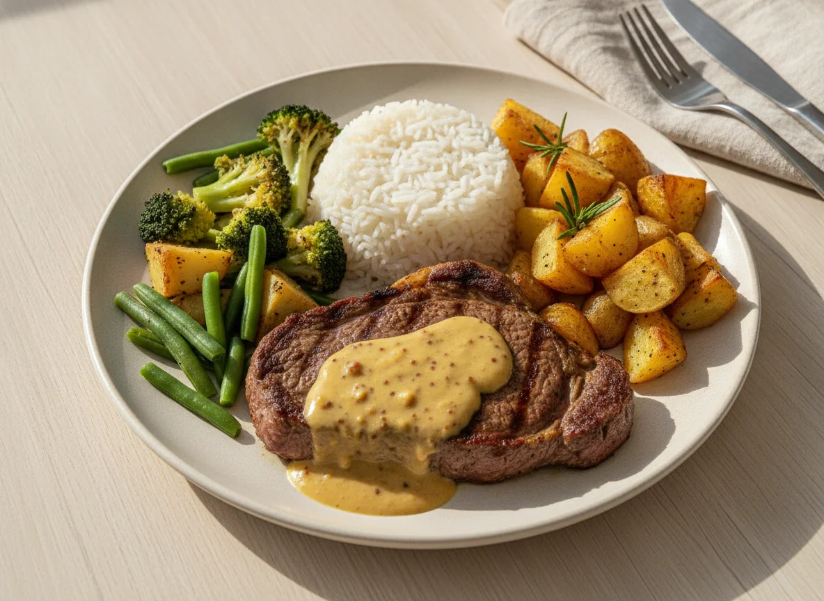 Bife com molho de mostarda, arroz, batatas assadas e legumes photo