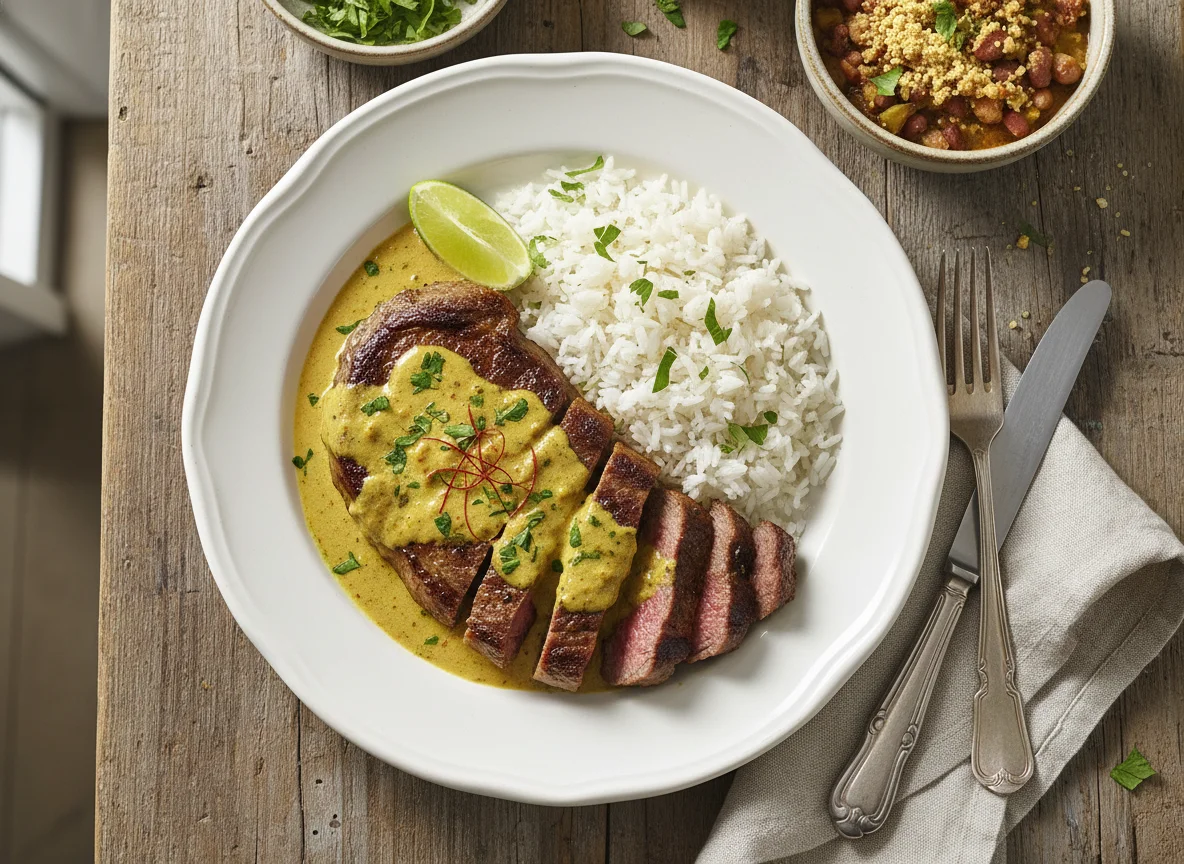 Bife com molho e arroz photo