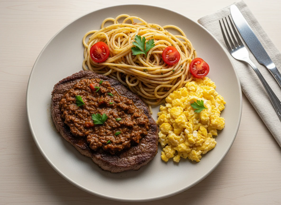Bife com molho e espaguete photo