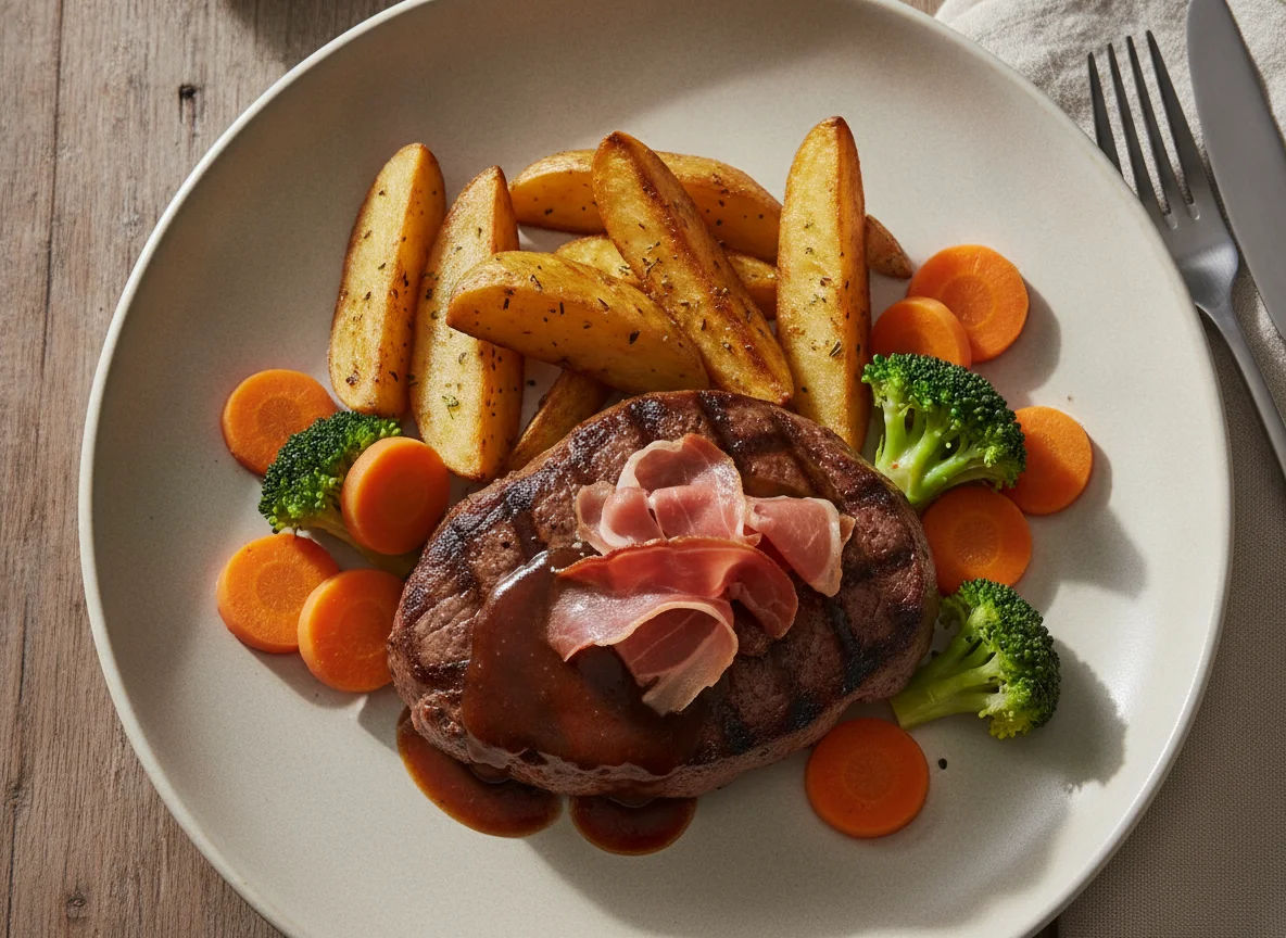 Bife com Molho Madeira, Batatas Assadas e Legumes photo
