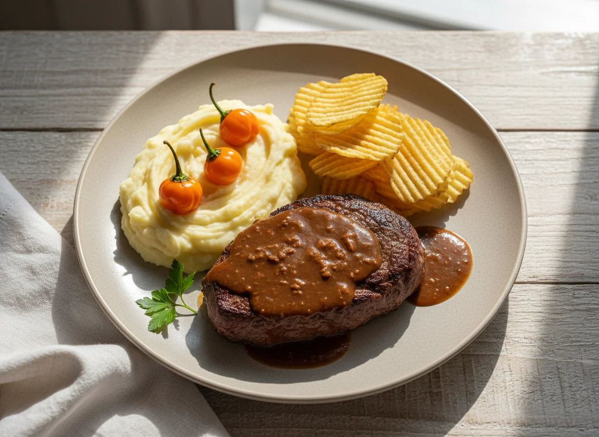 Bife com molho, purê de batatas e batata chips photo