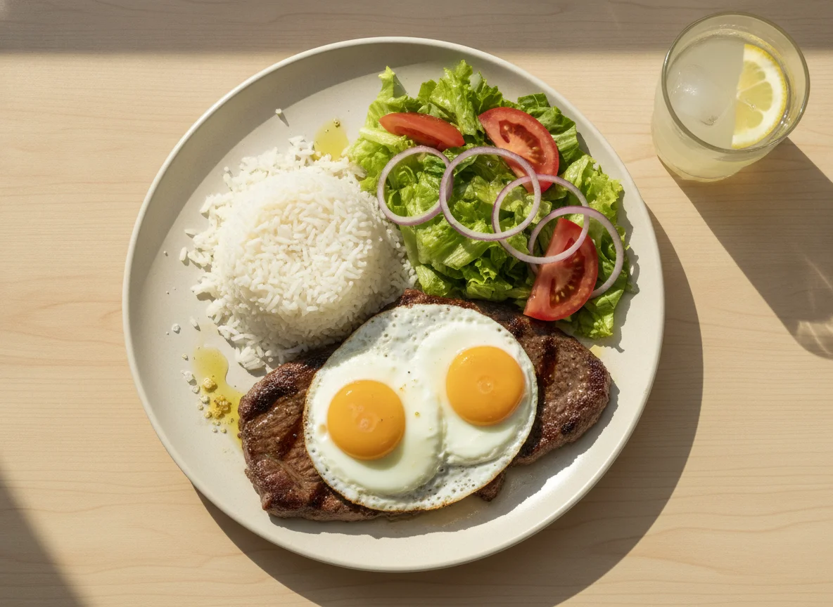 Bife com ovo a cavalo, arroz e salada photo