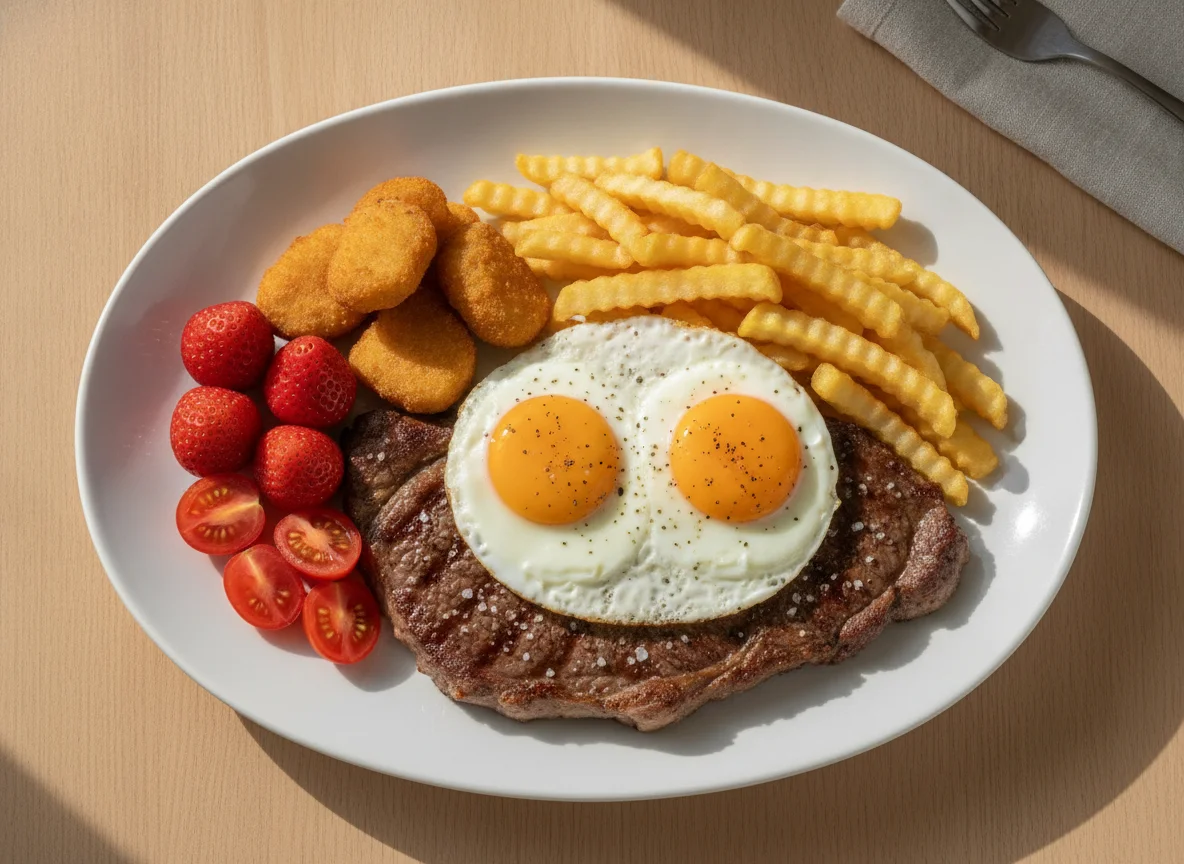 Bife com ovo a cavalo e batatas fritas com acompanhamento de morangos e tomate photo