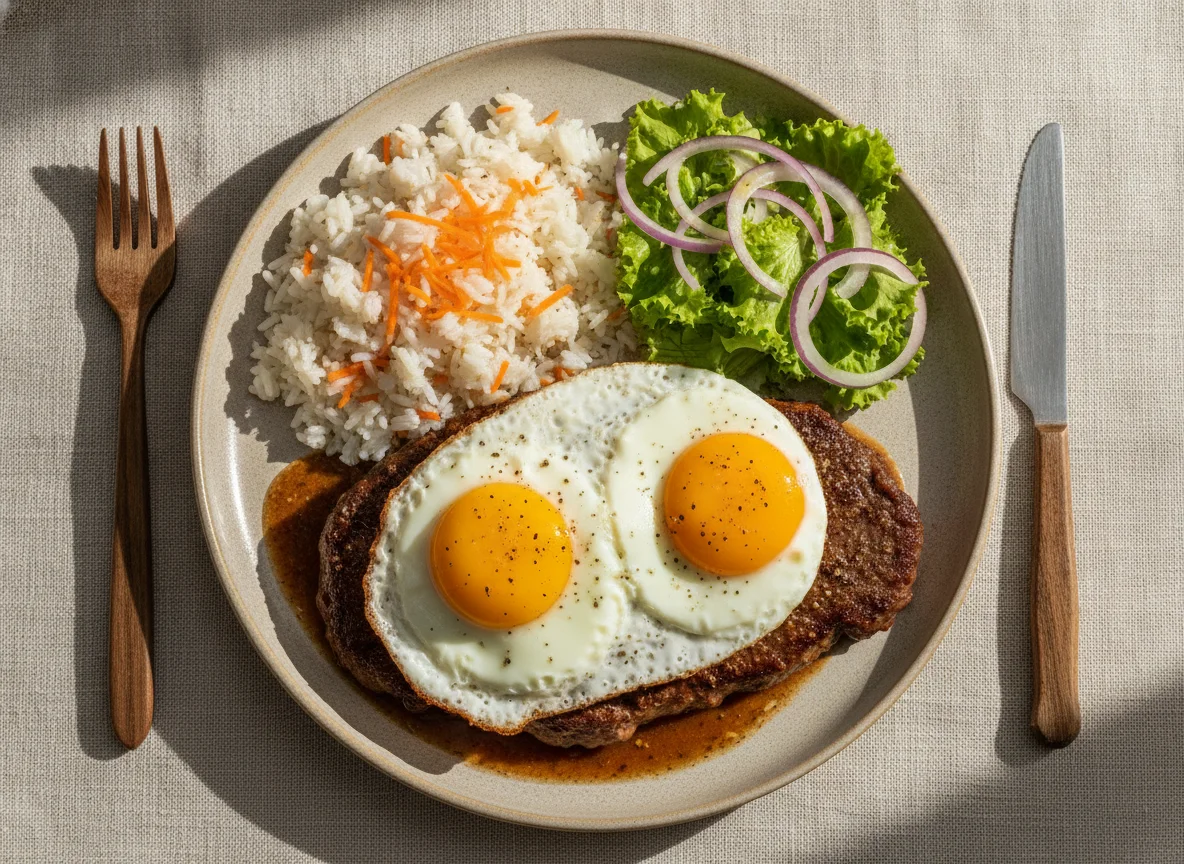 Bife com ovo a cavalo e salada photo