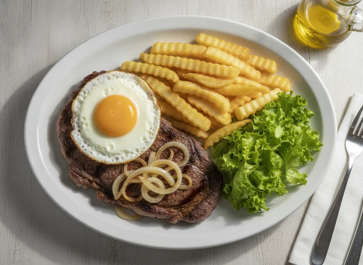 Bife com ovo, alface e batata frita photo