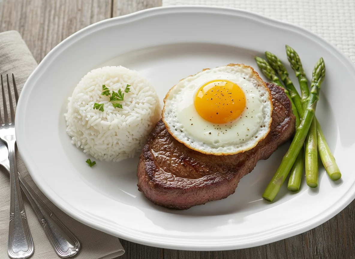 Bife com ovo, arroz e espargos photo