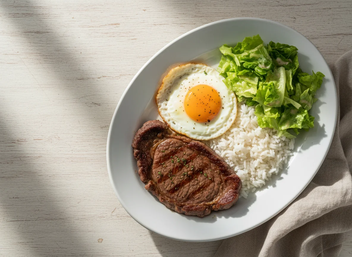 Bife com ovo, arroz e salada photo