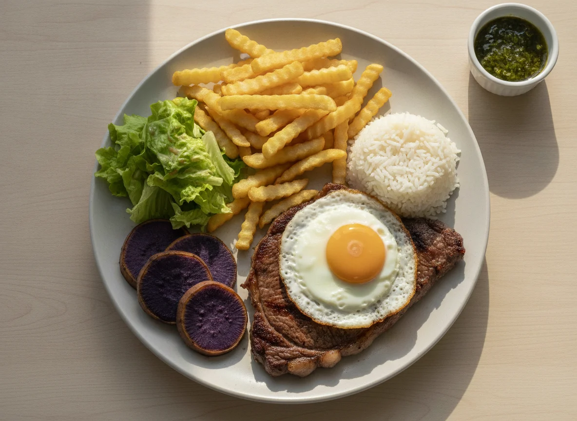 Bife com ovo, batata frita, arroz e batata-doce roxa photo