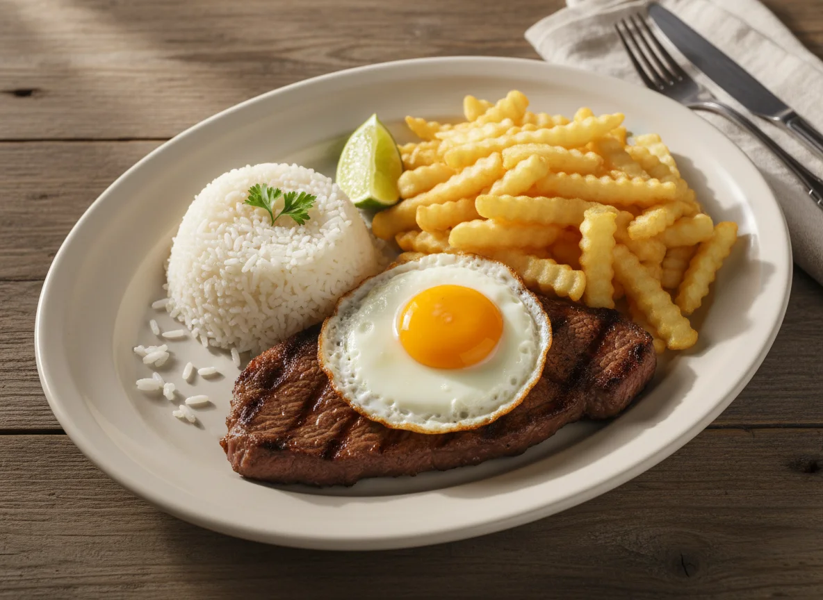 Bife com ovo, batatas fritas e arroz photo